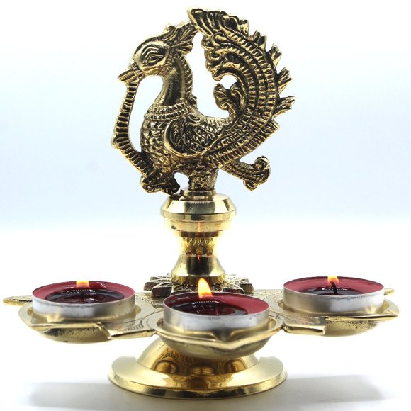 Handmade Solid Brass Peacock Tabletop 3 Tealight Candle holder Centerpiece Decor - Picture 2 of 12